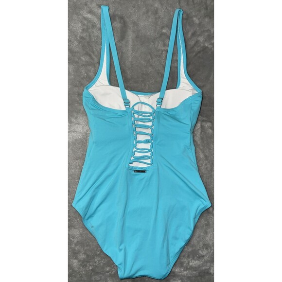 Michael Kors Womens 10 Light blue 1 Piece Bathing Suit Lace up Back Logo Tag - Picture 2 of 10